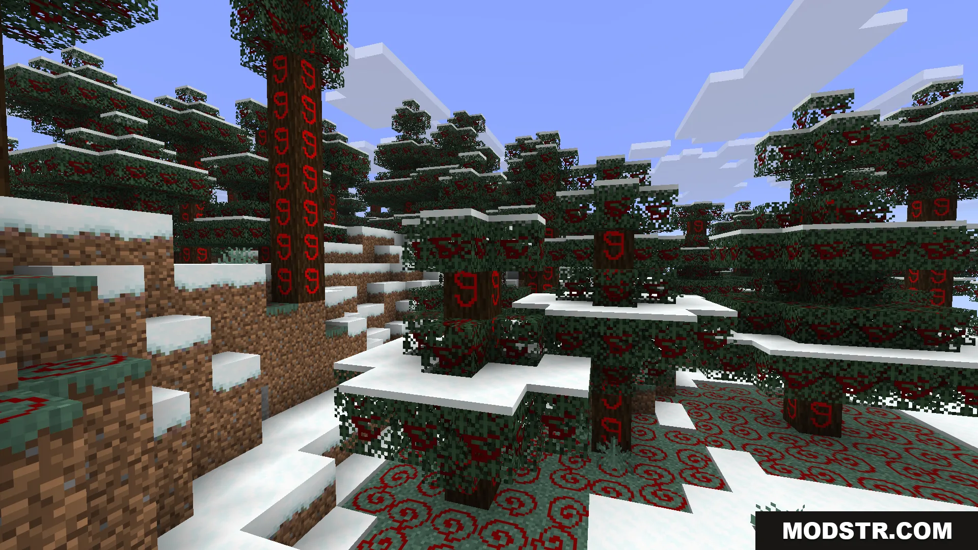 Live Texture Editor Mod Screenshot 10 Spruce forest with red symbols painted on trees and ground blocks