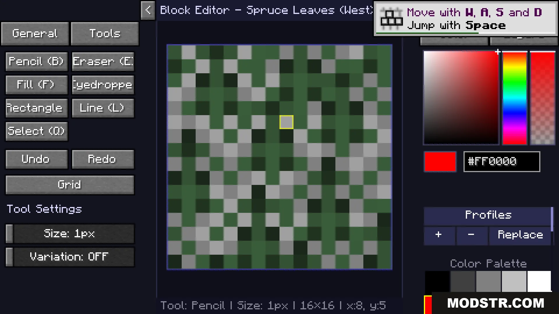 Live Texture Editor Mod Screenshot 1 The Live Texture Editor menu displaying a pixel grid for spruce leaves