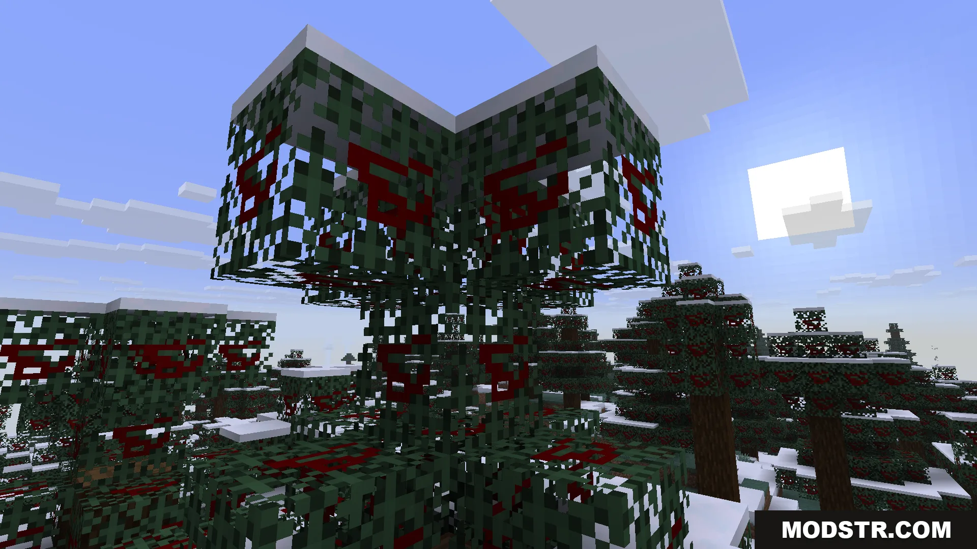 Live Texture Editor Mod Screenshot 3 Snowy spruce trees with custom red patterns painted on the leaf blocks