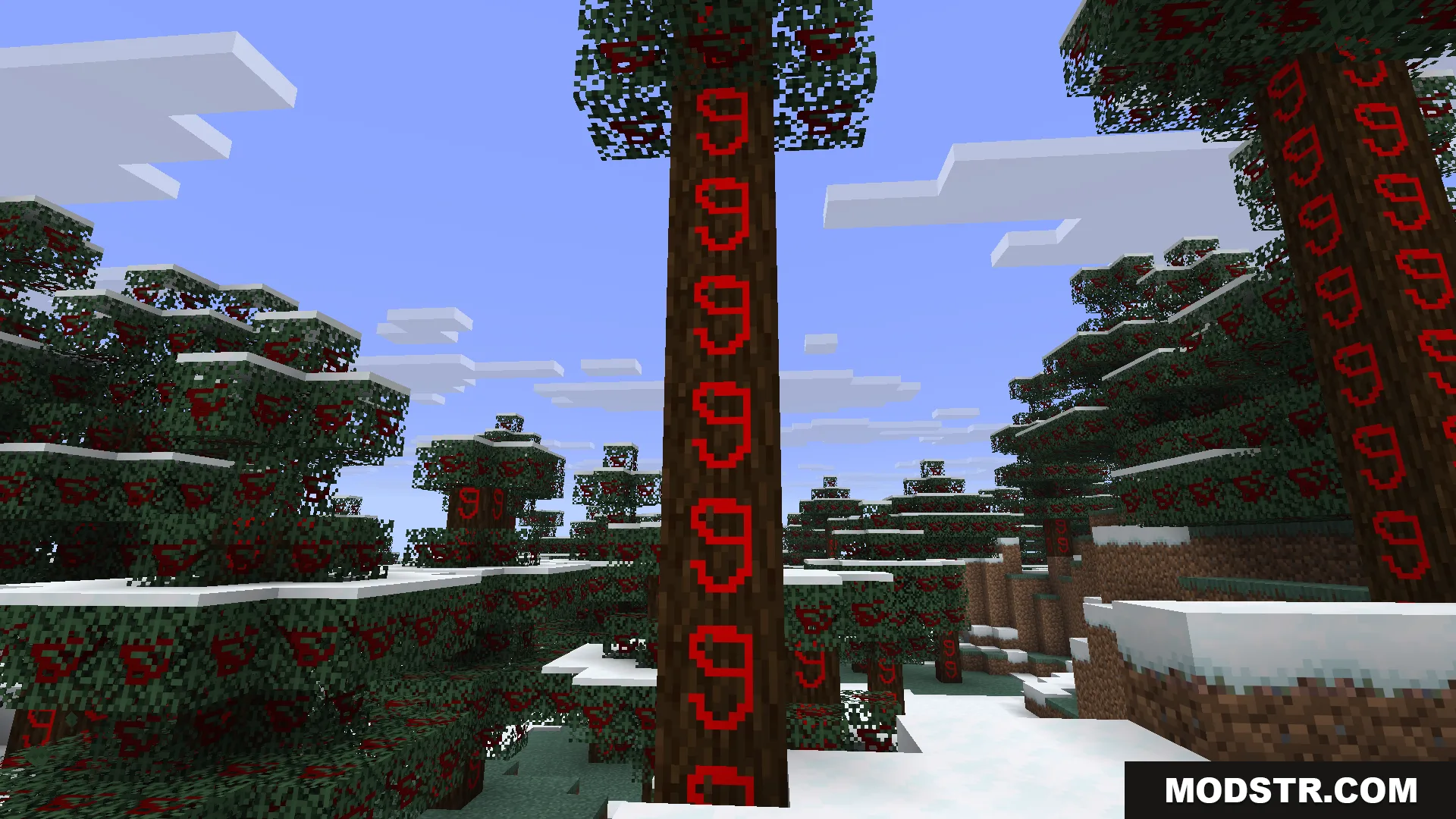 Live Texture Editor Mod Screenshot 7 Minecraft trees and leaves displaying custom red spiral patterns in a snowy forest