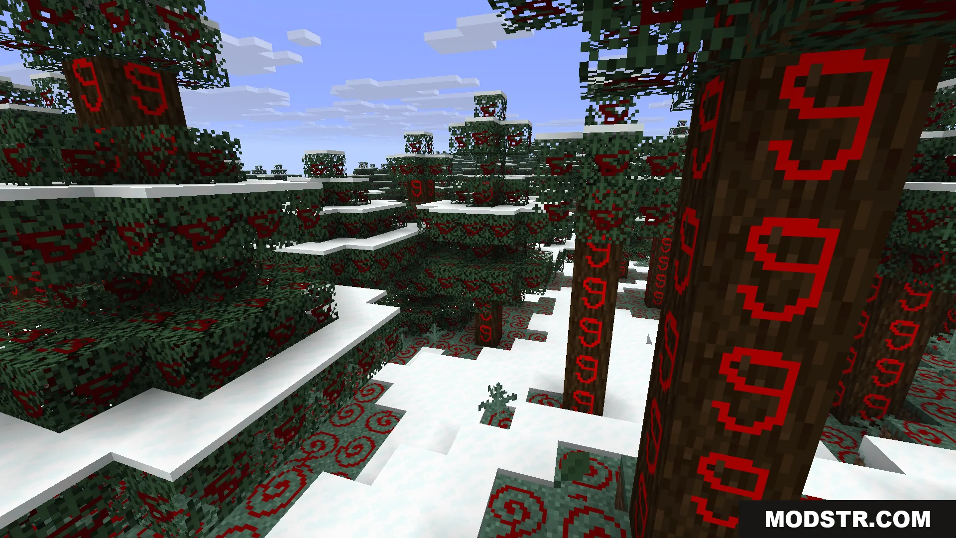 Live Texture Editor Mod Screenshot 12 Close up of red symbols painted on spruce logs in a snowy biome
