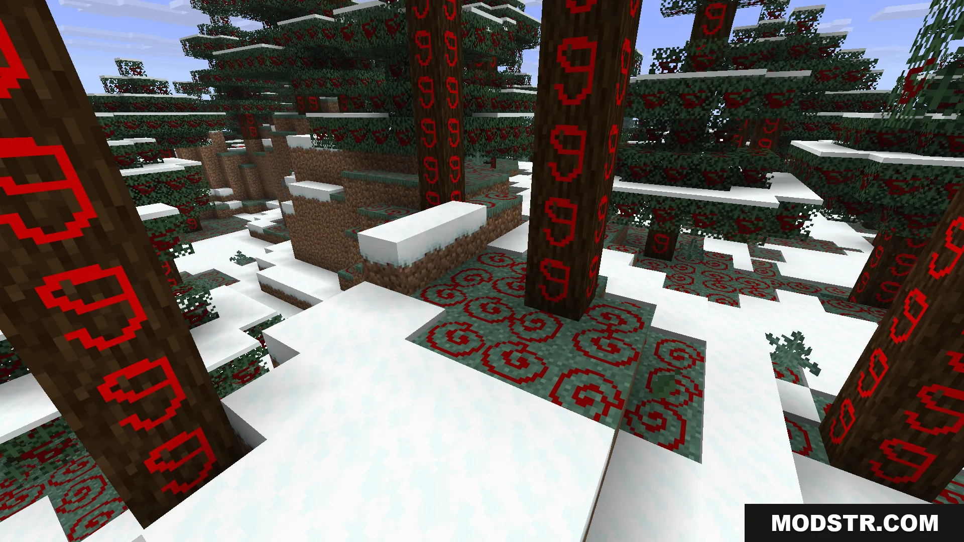 Live Texture Editor Mod Screenshot 9 Red symbols painted on spruce trees and ground blocks in snowy biome