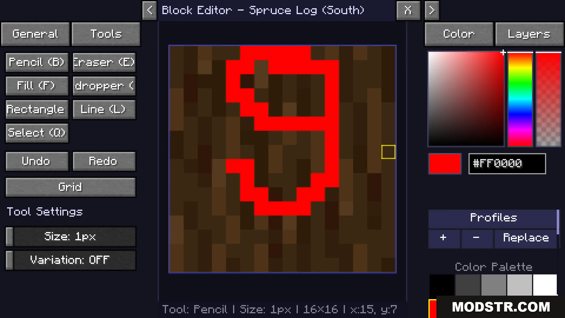 Live Texture Editor Mod Screenshot 6 Drawing a red number nine on the spruce log texture in the editor