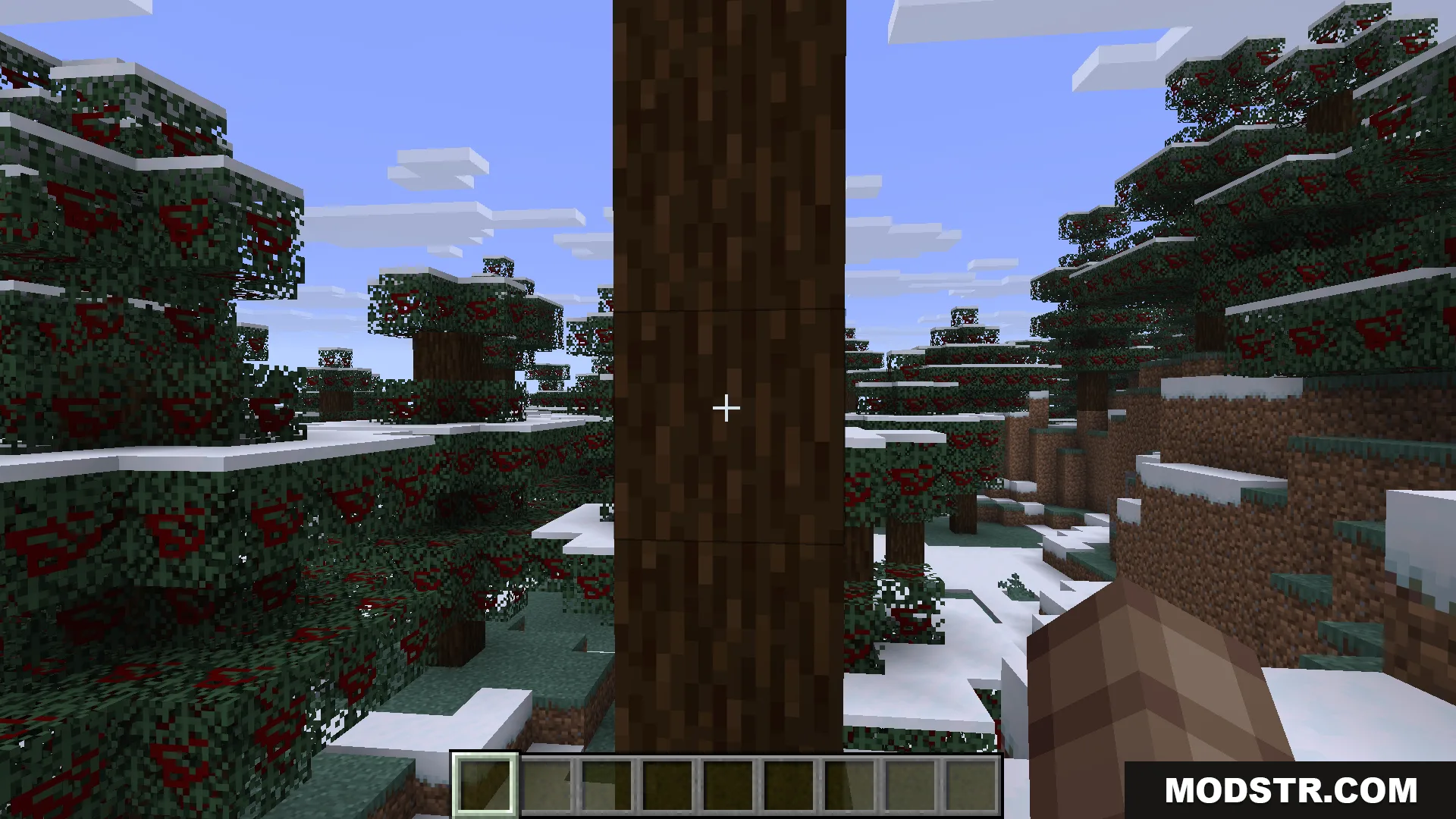 Live Texture Editor Mod Screenshot 4 A player standing in a snowy forest looking at a tree trunk