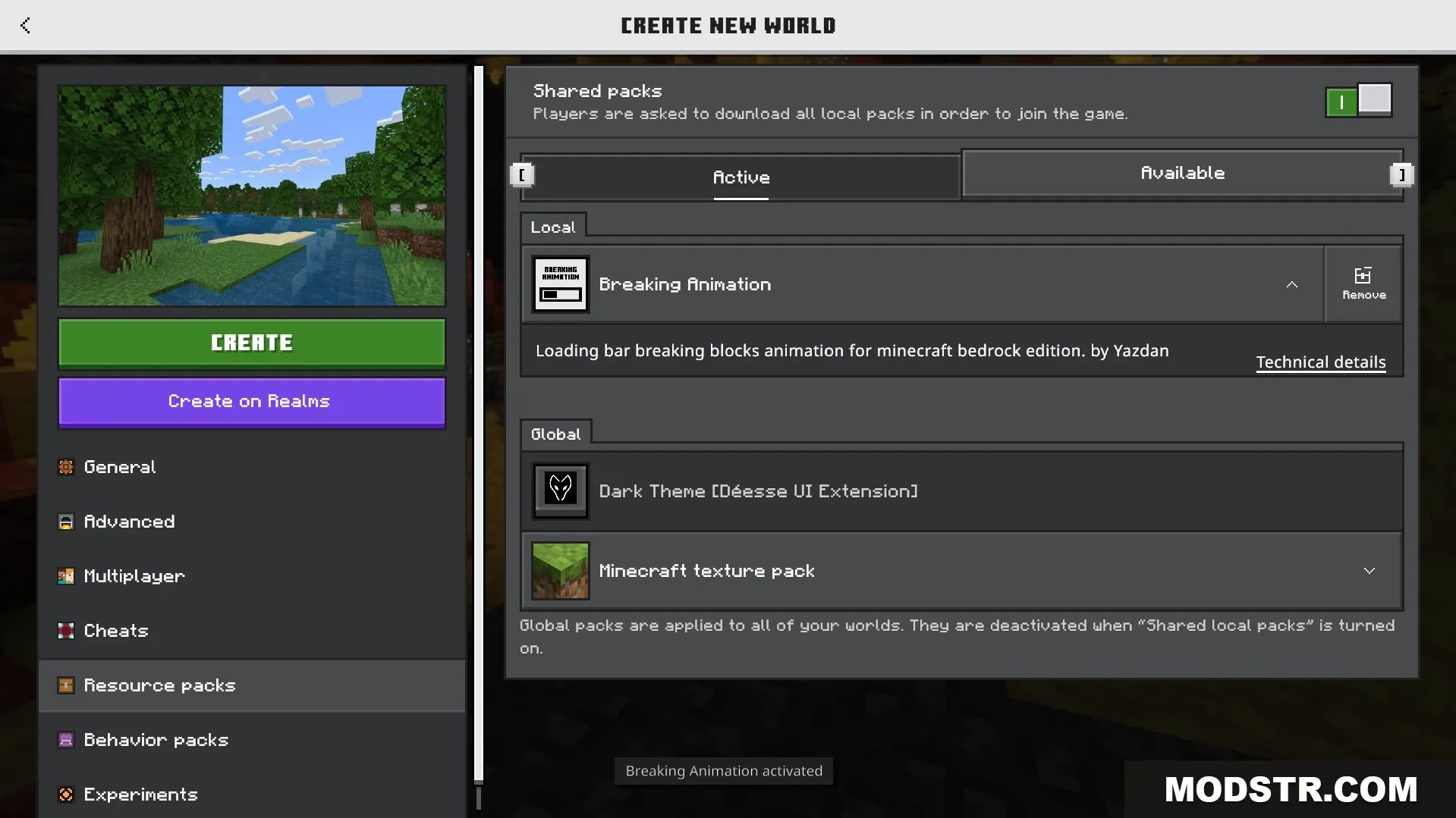 Loading Block Breaking Animation Texture Pack Screenshot 1 Minecraft world creation screen with the Breaking Animation resource pack active in settings