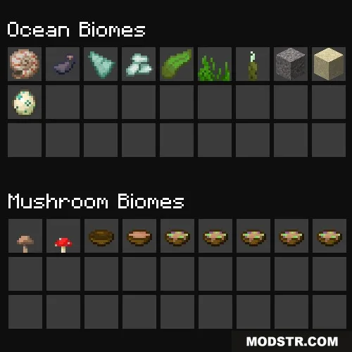 Localized Fishing Tables Data Pack Screenshot 6 Inventory grids displaying unique items for Ocean and Mushroom biome fishing