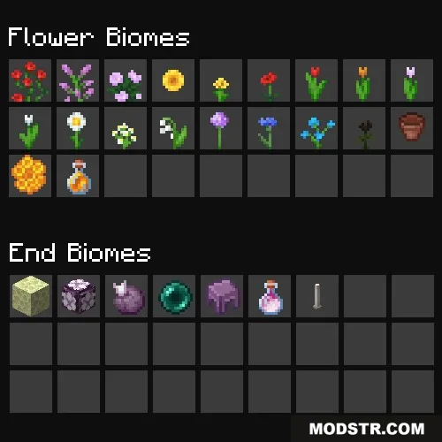 Localized Fishing Tables Data Pack Screenshot 7 Minecraft inventory showing fishing loot from flower biomes and end biomes
