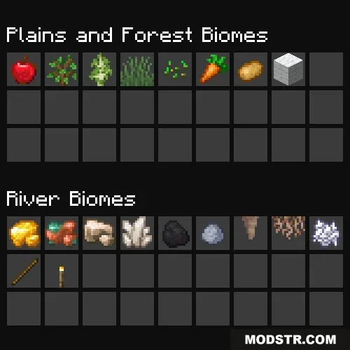 Localized Fishing Tables Data Pack Screenshot 8 Minecraft inventory showing fishing loot from plains and forest and river biomes