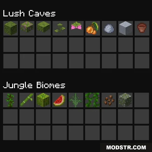Localized Fishing Tables Data Pack Screenshot 5 Inventory grids displaying unique items for Lush Caves and Jungle biome fishing