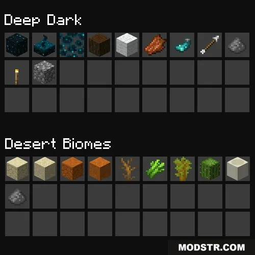 Localized Fishing Tables Data Pack Screenshot 2 Grid display of items caught while fishing in deep dark and desert biomes