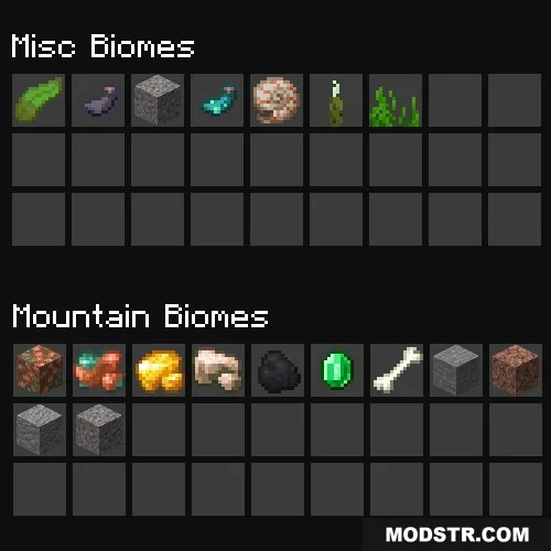 Localized Fishing Tables Data Pack Screenshot 1 Inventory grid showing potential fishing rewards from miscellaneous and mountain biome areas