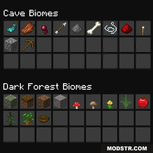 Localized Fishing Tables Data Pack Screenshot 3 Inventory grids displaying unique fishing rewards for cave and dark forest environments