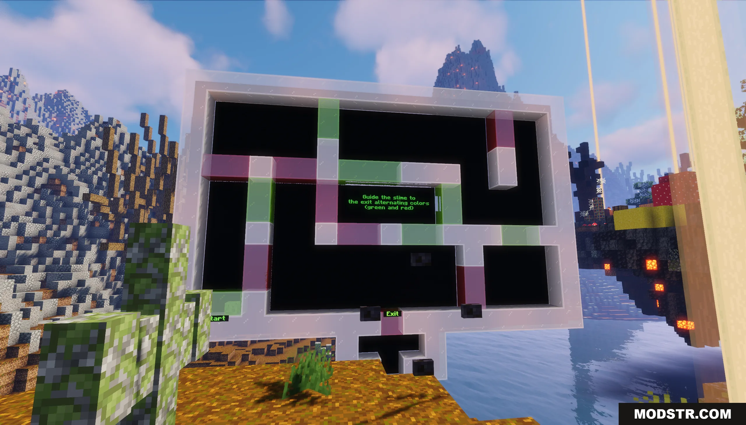 Logical Codes on the Island Map Screenshot 7 A Minecraft puzzle screen showing a maze with alternating green and red paths