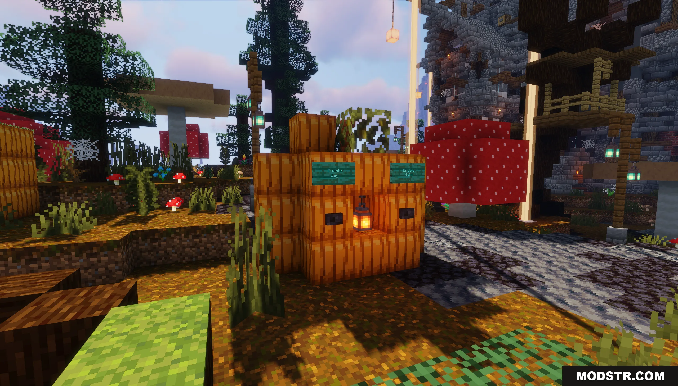 Logical Codes on the Island Map Screenshot 3 A pumpkin block structure with buttons and signs for day and night