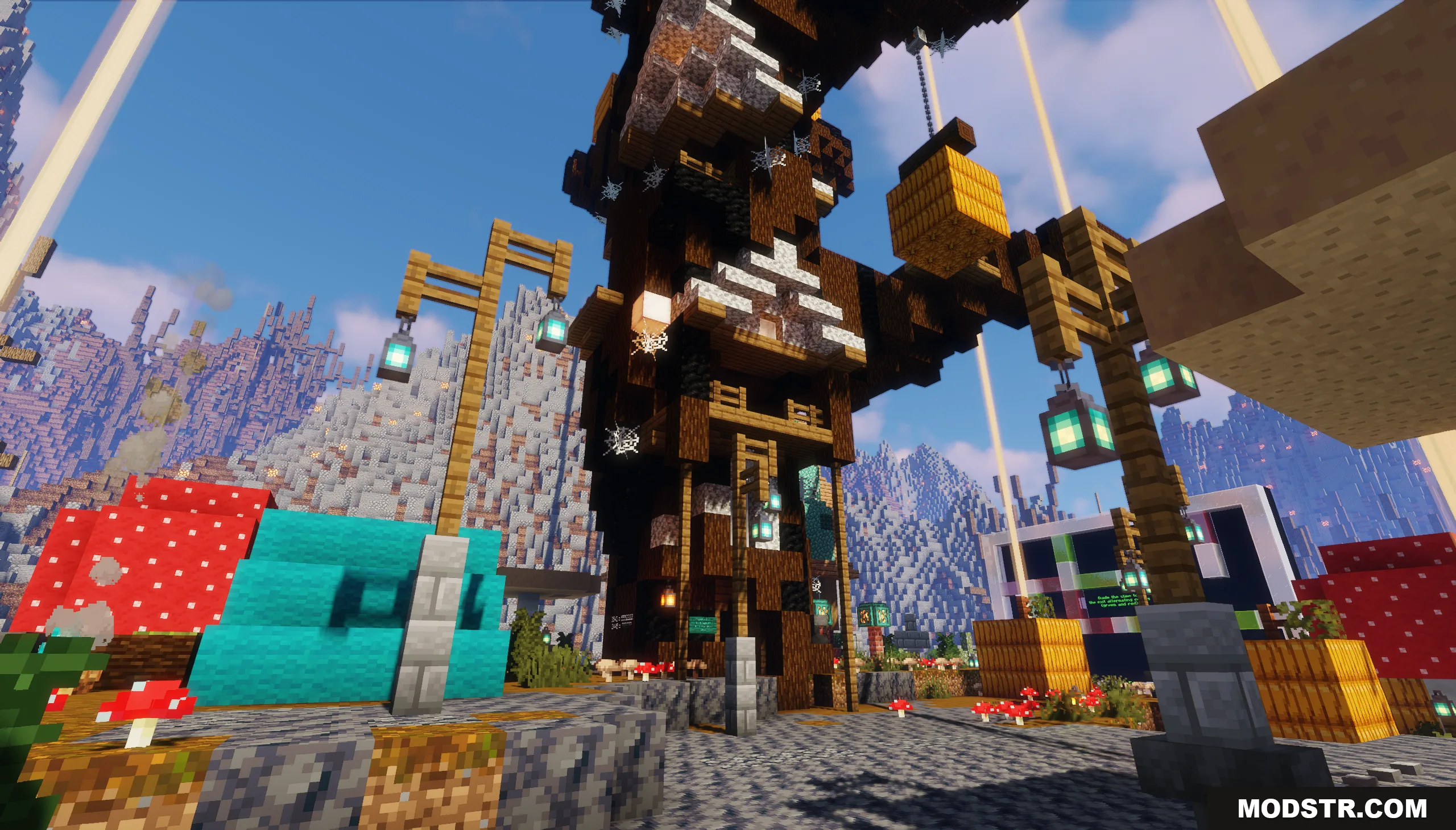 Logical Codes on the Island Map Screenshot 10 Tall wooden tower with lanterns and beehives in a custom Minecraft world