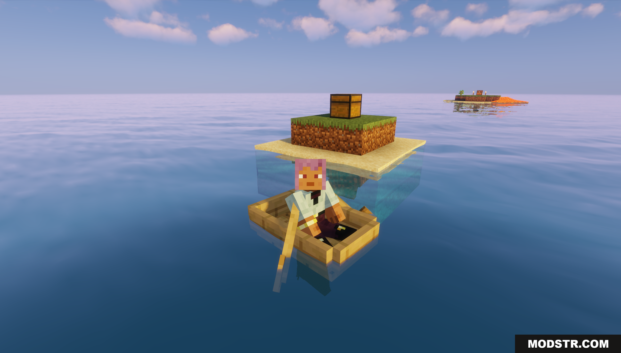 Lonely Island Map Screenshot 10 Player in a wooden boat rowing near a tiny survival island