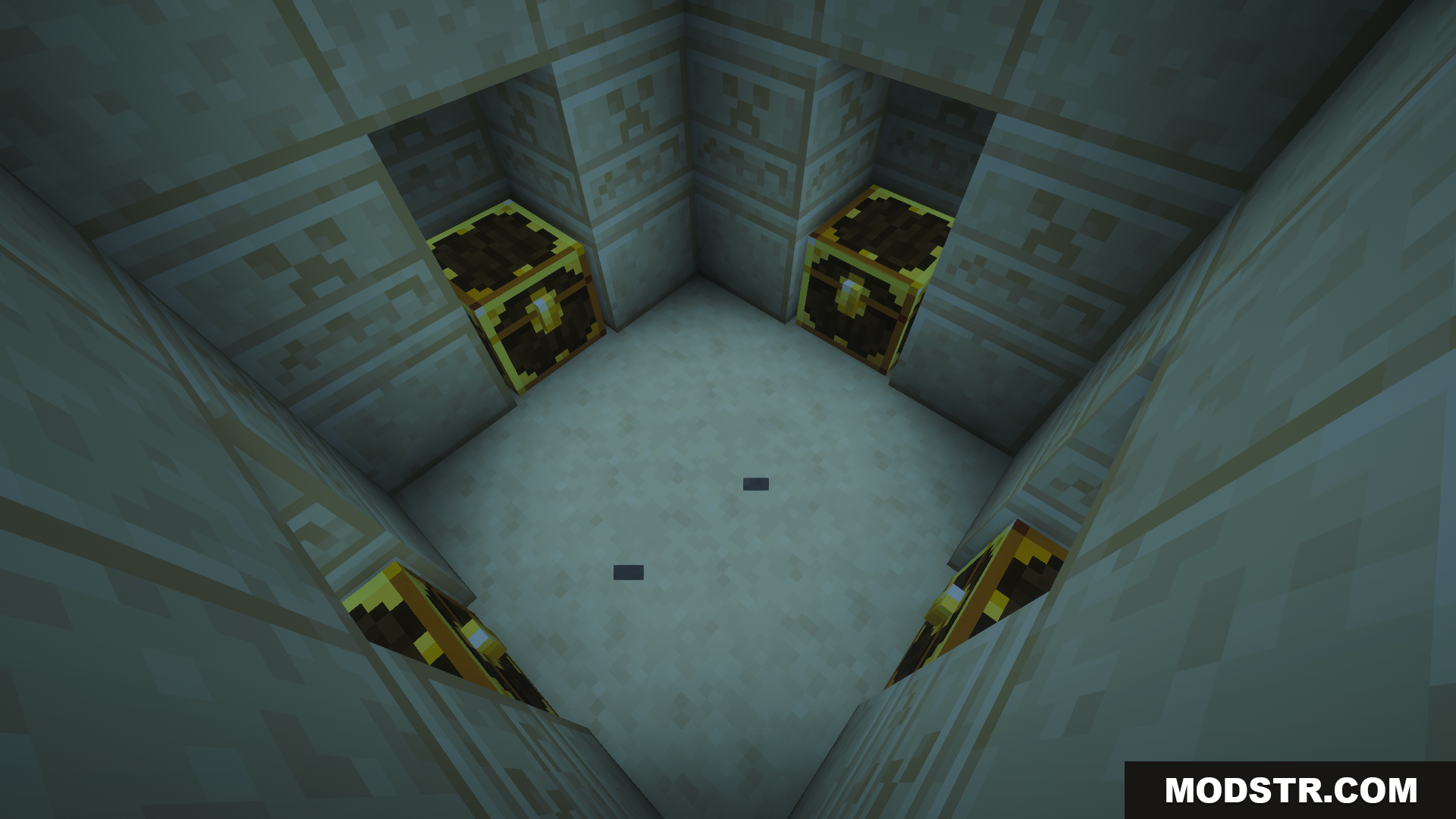 Four Lootr chests at the bottom of a desert temple