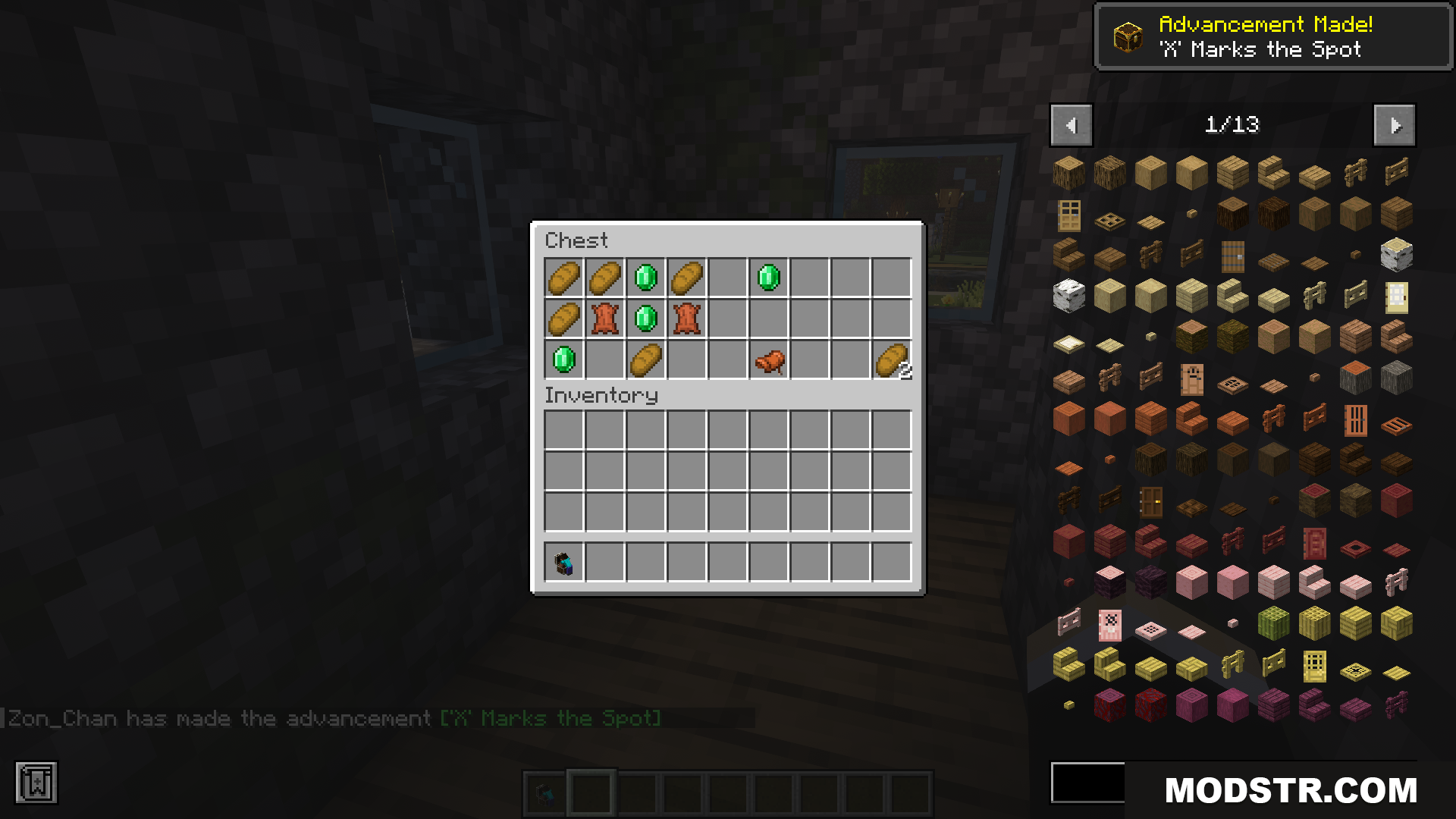 Opening a chest reveals bread, emeralds, and leather armor