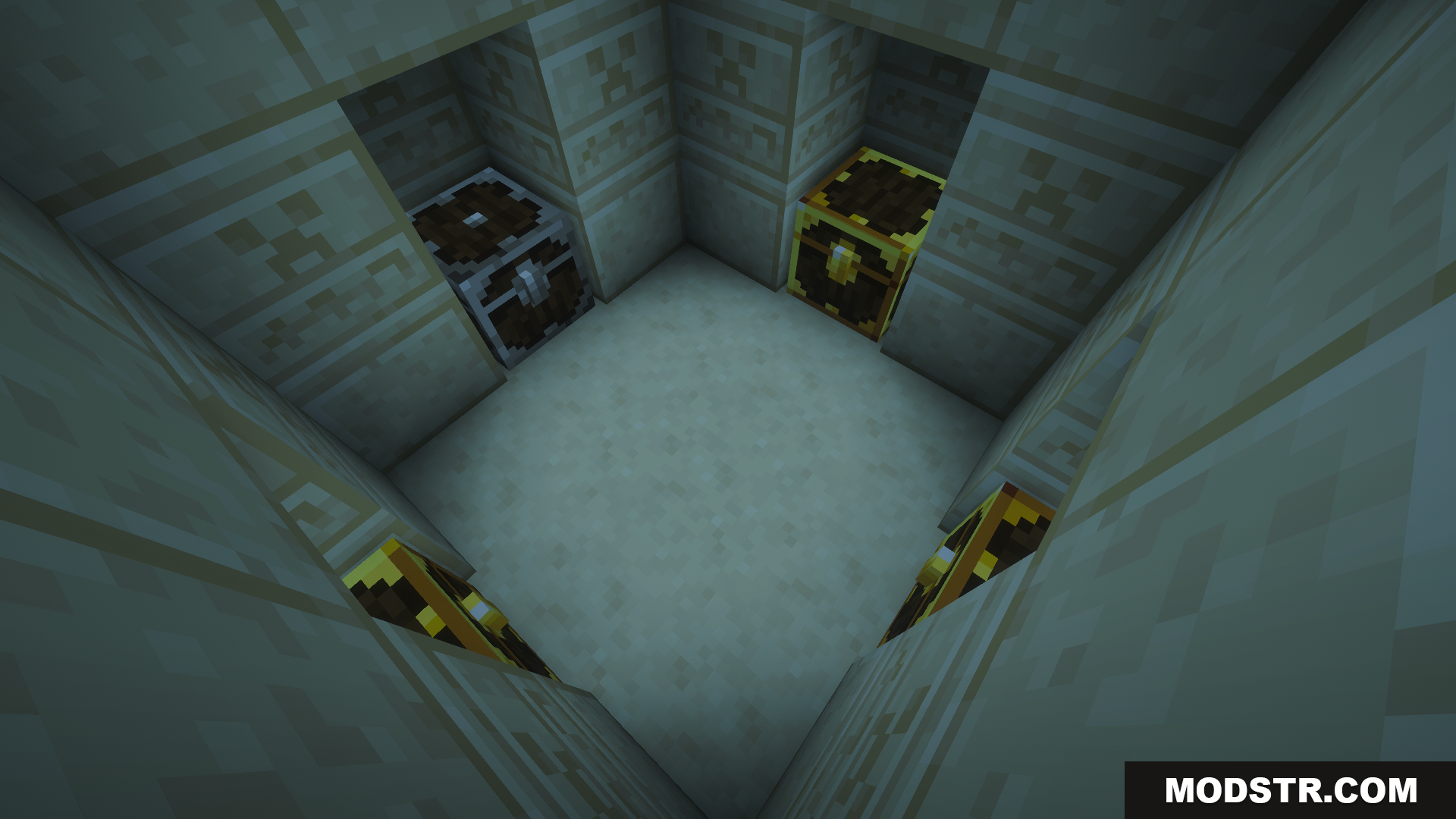 A mix of regular and Lootr chests in a desert temple
