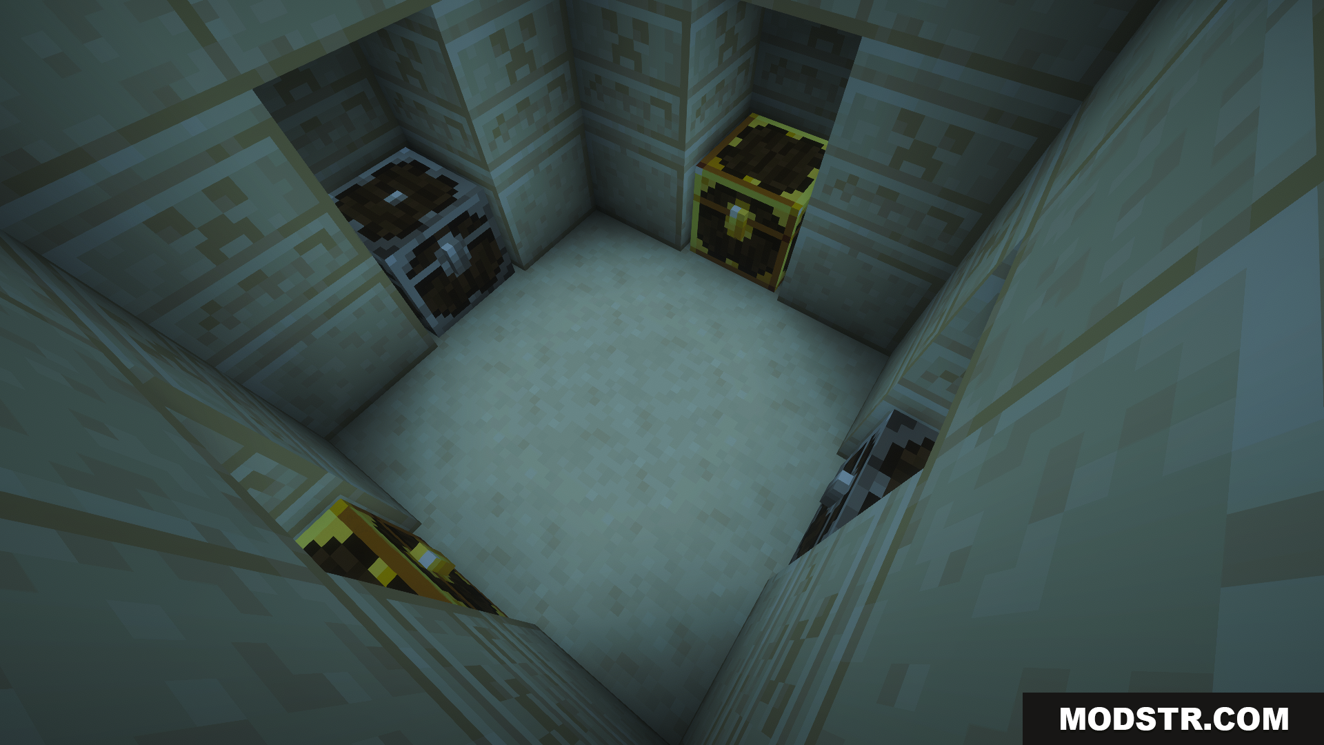 Looking down at four loot chests in a desert temple