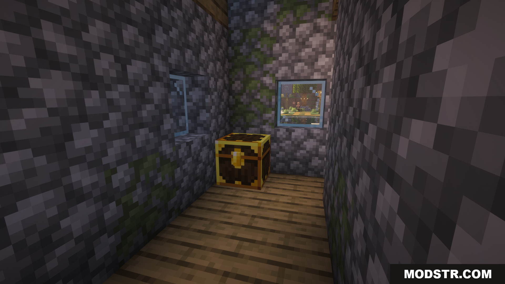 A unique gold-trimmed loot chest in a stone room