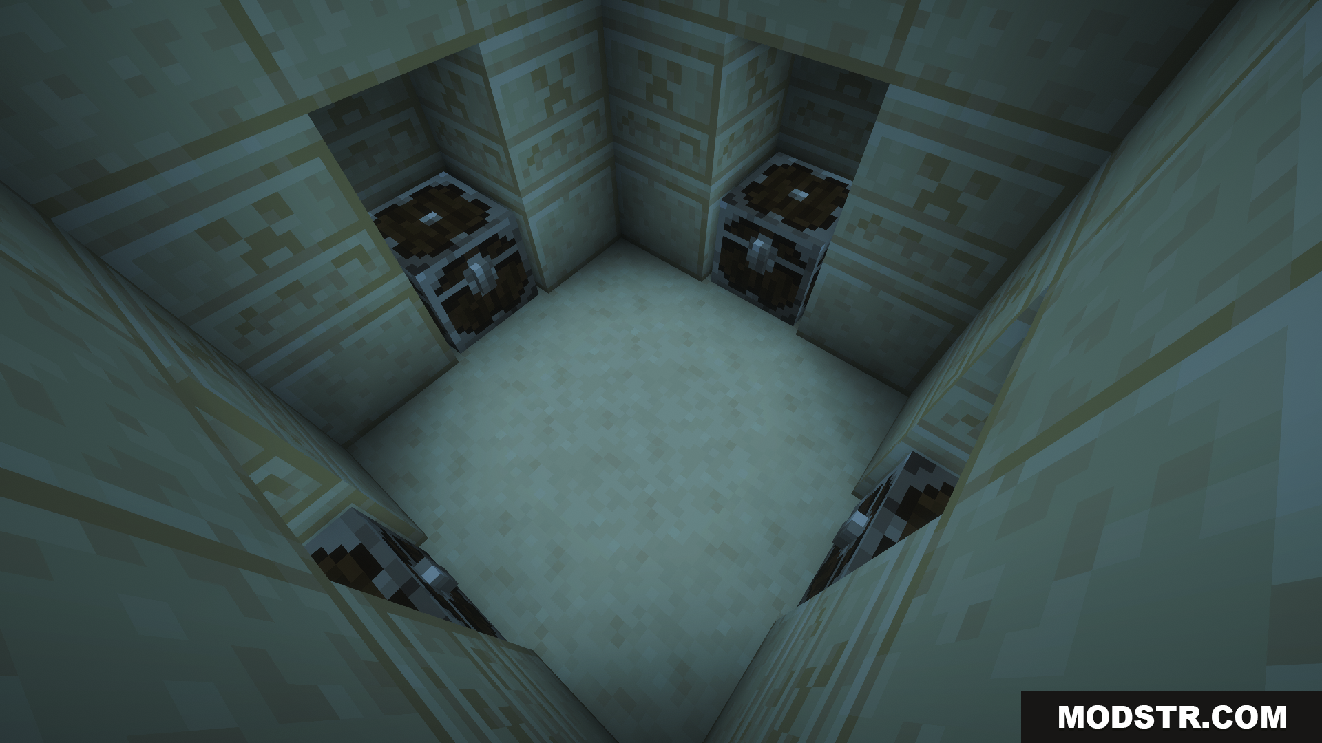 Four identical loot chests at the bottom of a pit