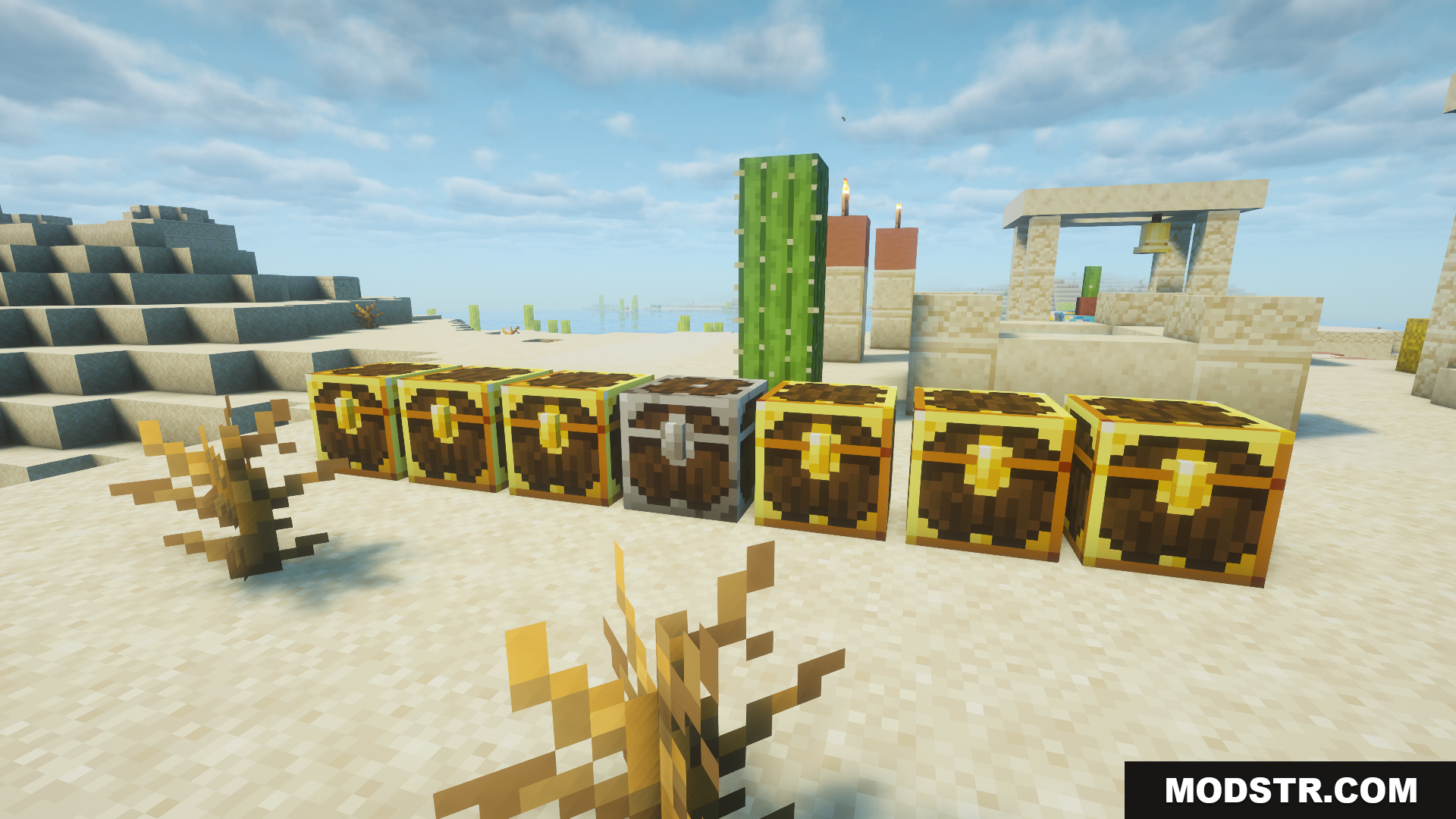 A long row of golden and silver loot chests