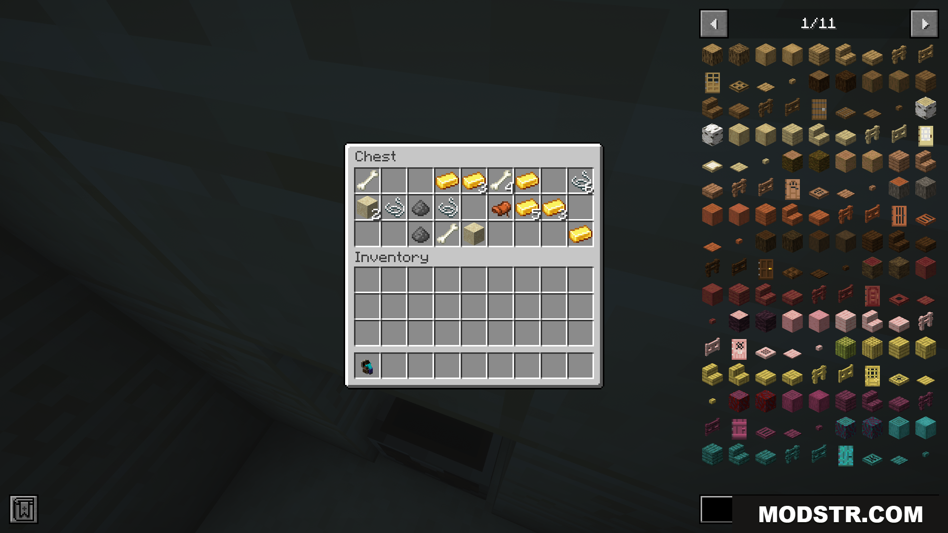 Chest inventory with gold ingots, bones, and gunpowder