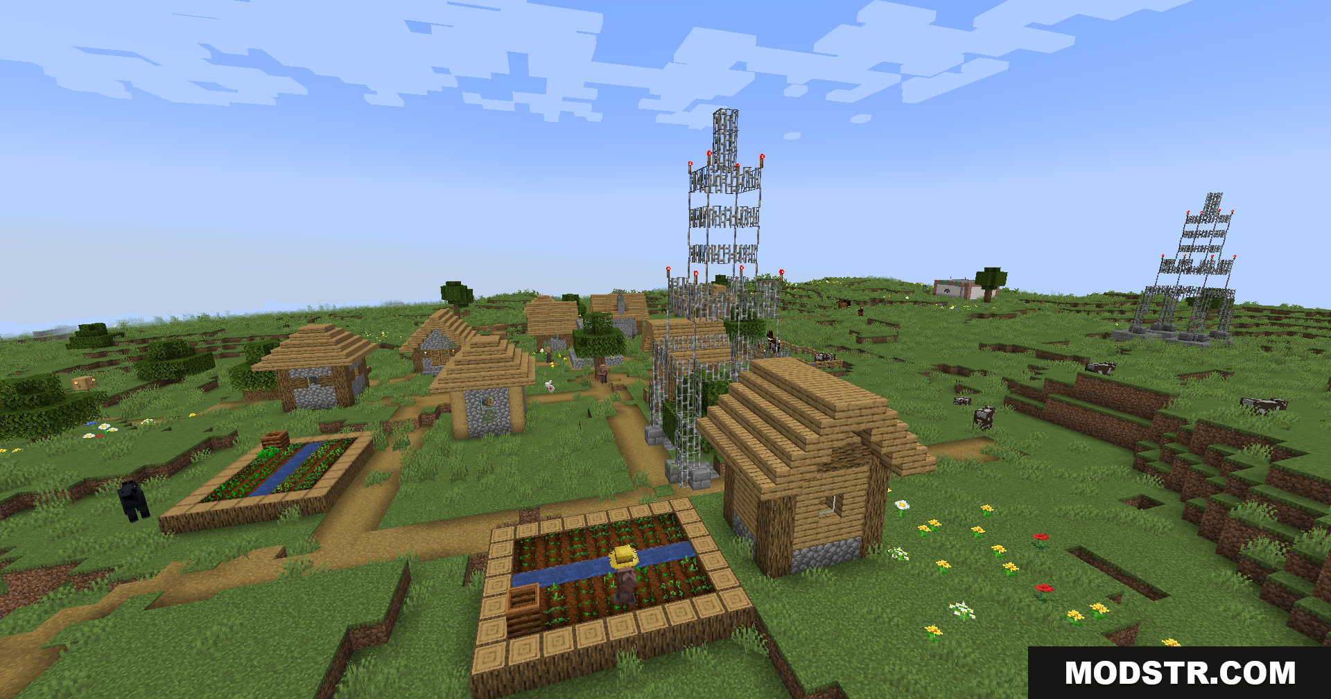 Lost Cities Filter Mod Screenshot 3 Large metal towers built throughout a Minecraft village