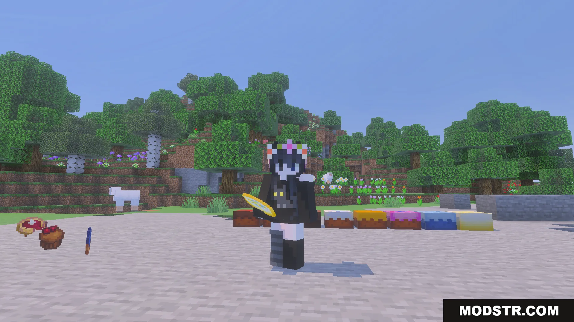 Loyallays Food Expansion Addon Screenshot 7 Player holding a yellow item near various cakes and food items on the ground