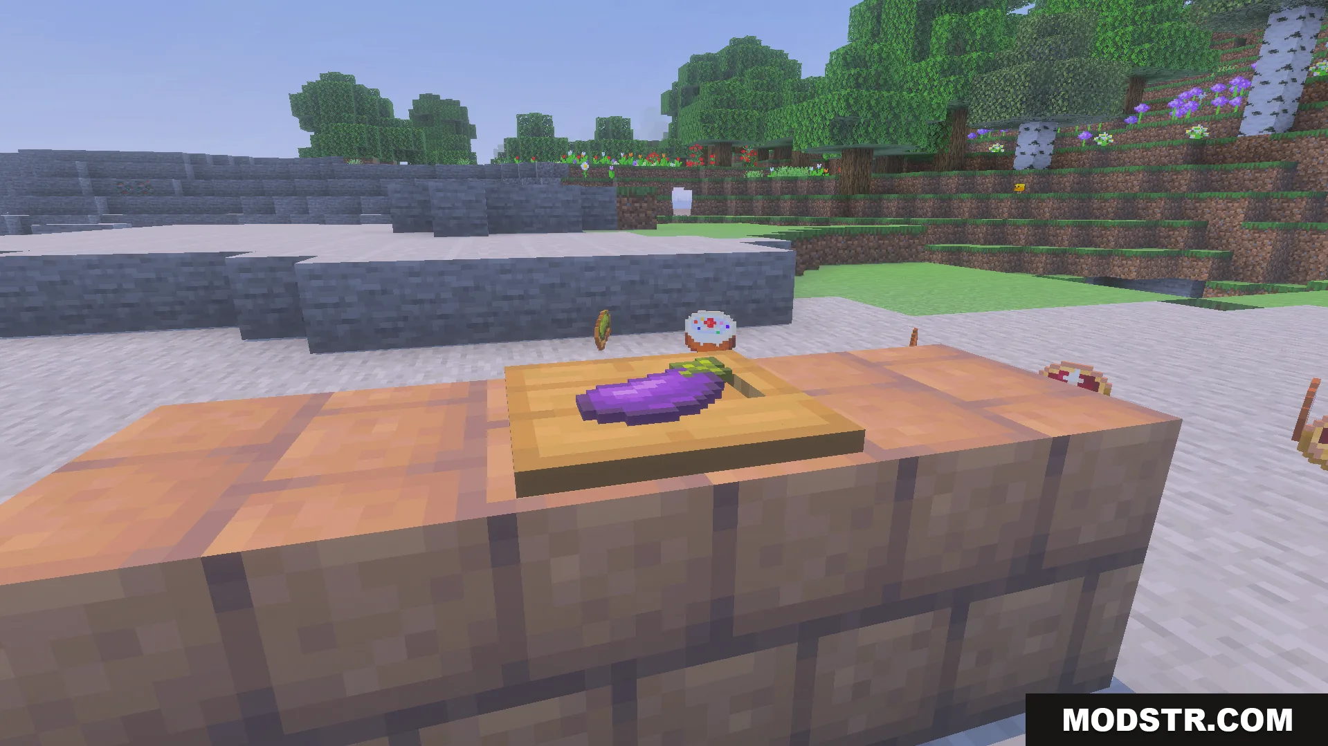 Loyallays Food Expansion Addon Screenshot 10 purple eggplant placed on a wooden cutting board block ready to be prepared