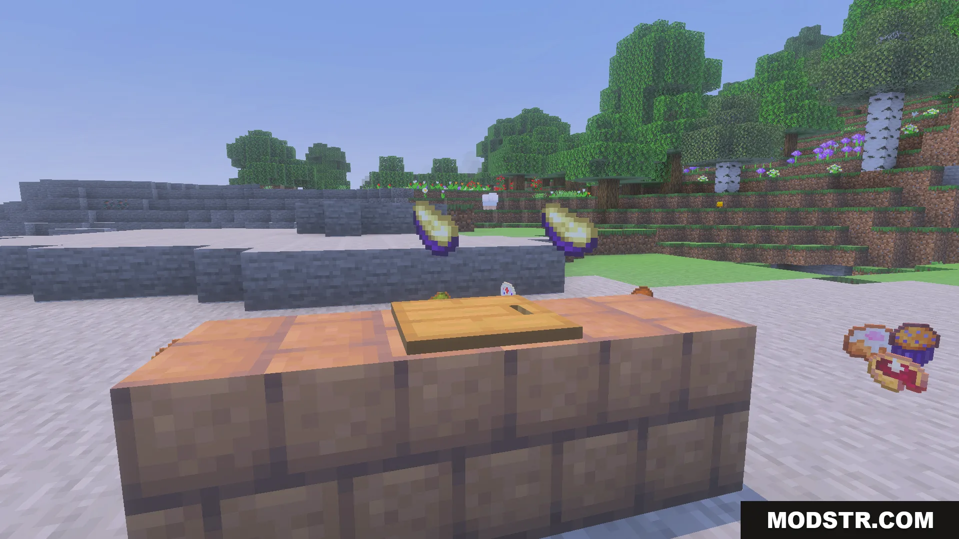 Loyallays Food Expansion Addon Screenshot 11 Wooden cutting board on blocks with new food items and pies nearby