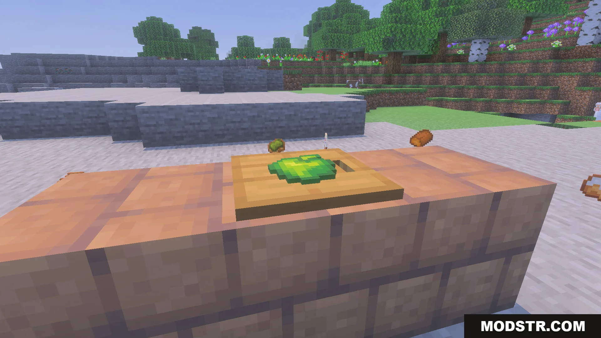 Loyallays Food Expansion Addon Screenshot 8 A green apple item placed on a wooden pressure plate on stone bricks