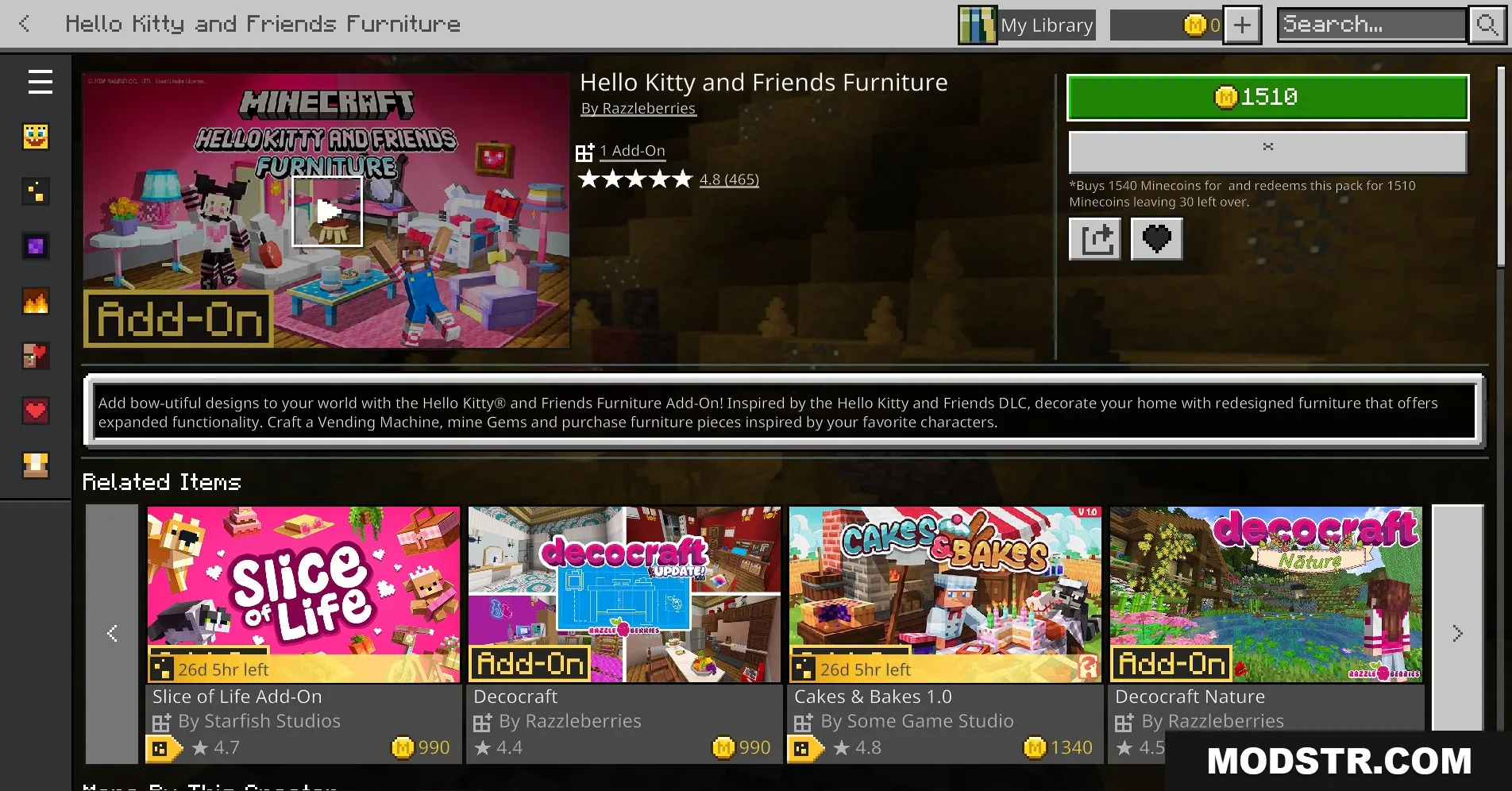 Lucky Block Race V1.8 Map Screenshot 6 Minecraft Marketplace store page showing the Hello Kitty and Friends Furniture add on
