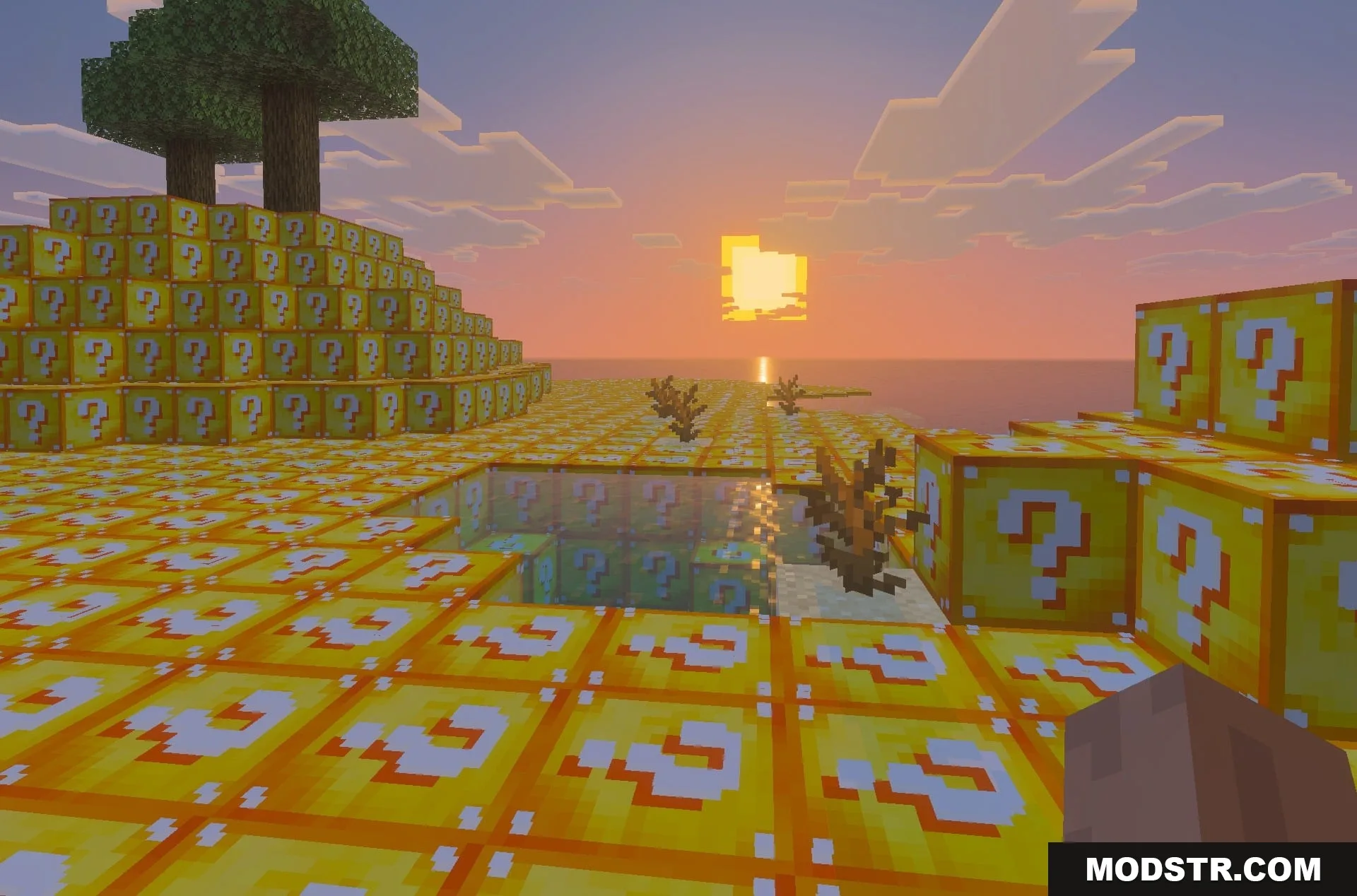 Lucky Block Survival Island Map Screenshot 3 A sunset view of an island made entirely of yellow lucky blocks