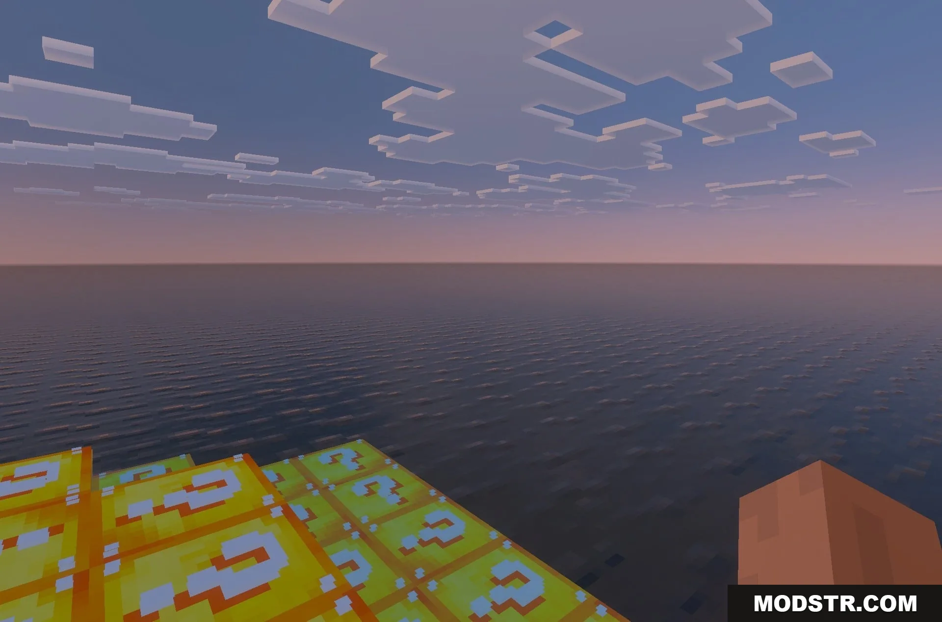 Lucky Block Survival Island Map Screenshot 4 The sun sets over a calm ocean viewed from a yellow block platform