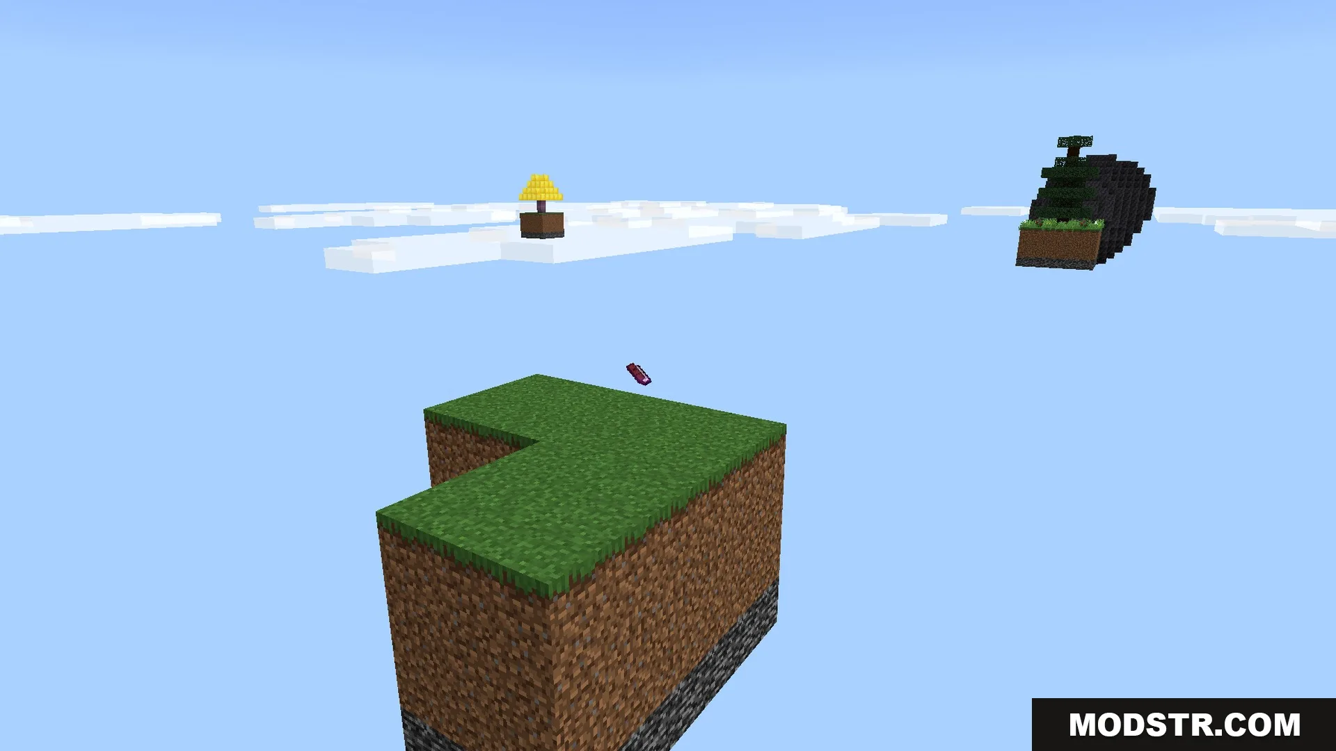 Skyblock islands with Lucky Blocks under a clear sky