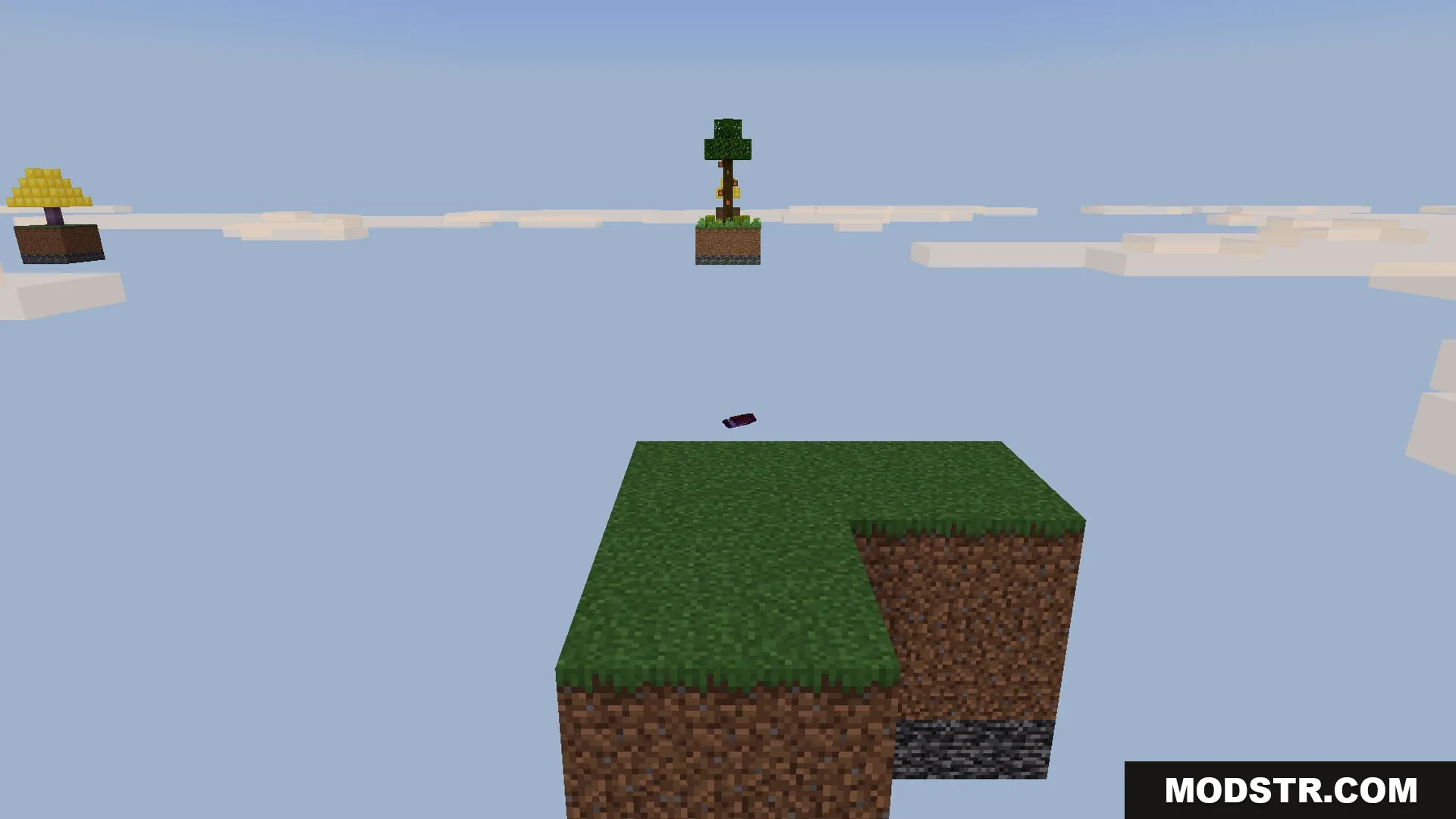The Lucky Tree Skyblock at sunset with warm sky tones