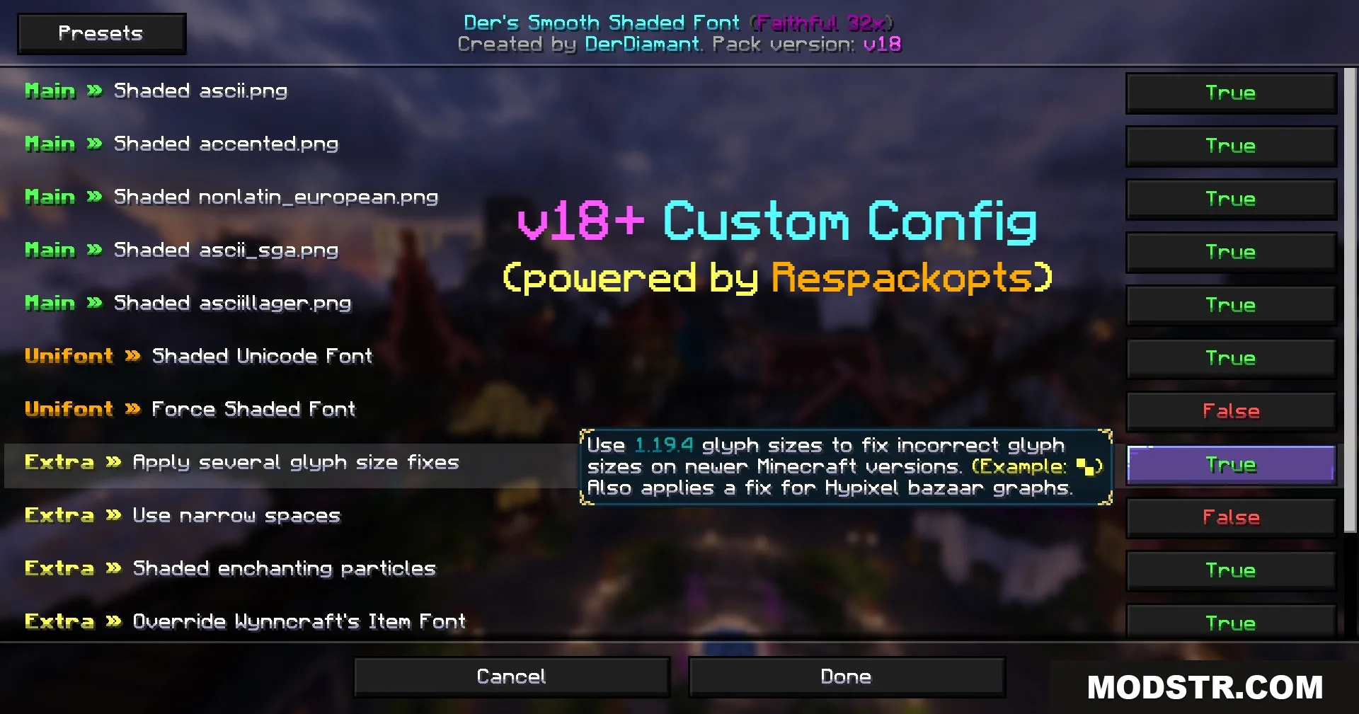 Lumina Velvet Script Resource Pack Screenshot 2 Settings menu for adjusting font options and glyph size fixes in Minecraft