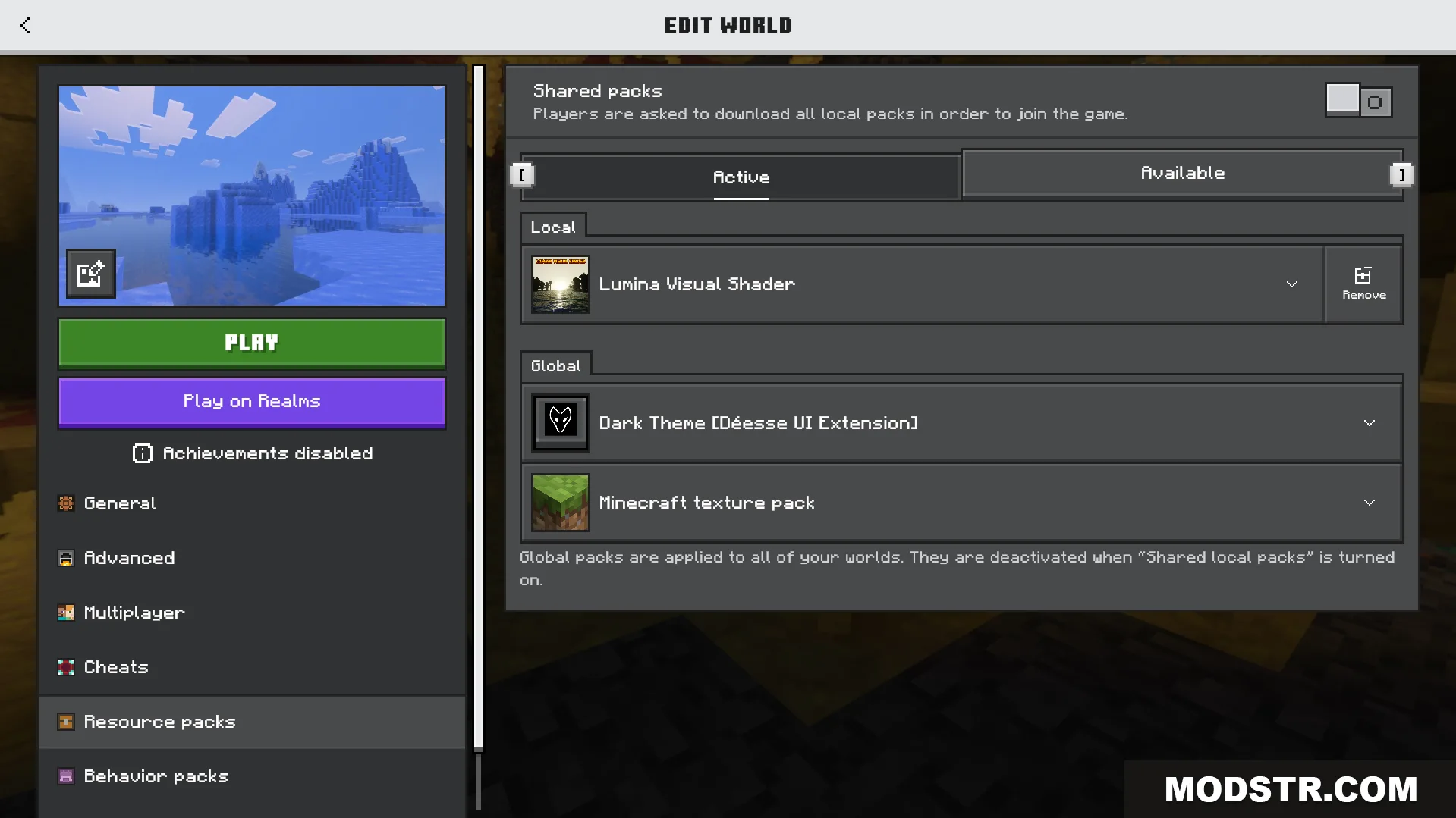 Lumina Visual Shader Screenshot 1 Minecraft edit world menu showing the active Lumina Visual Shader resource pack