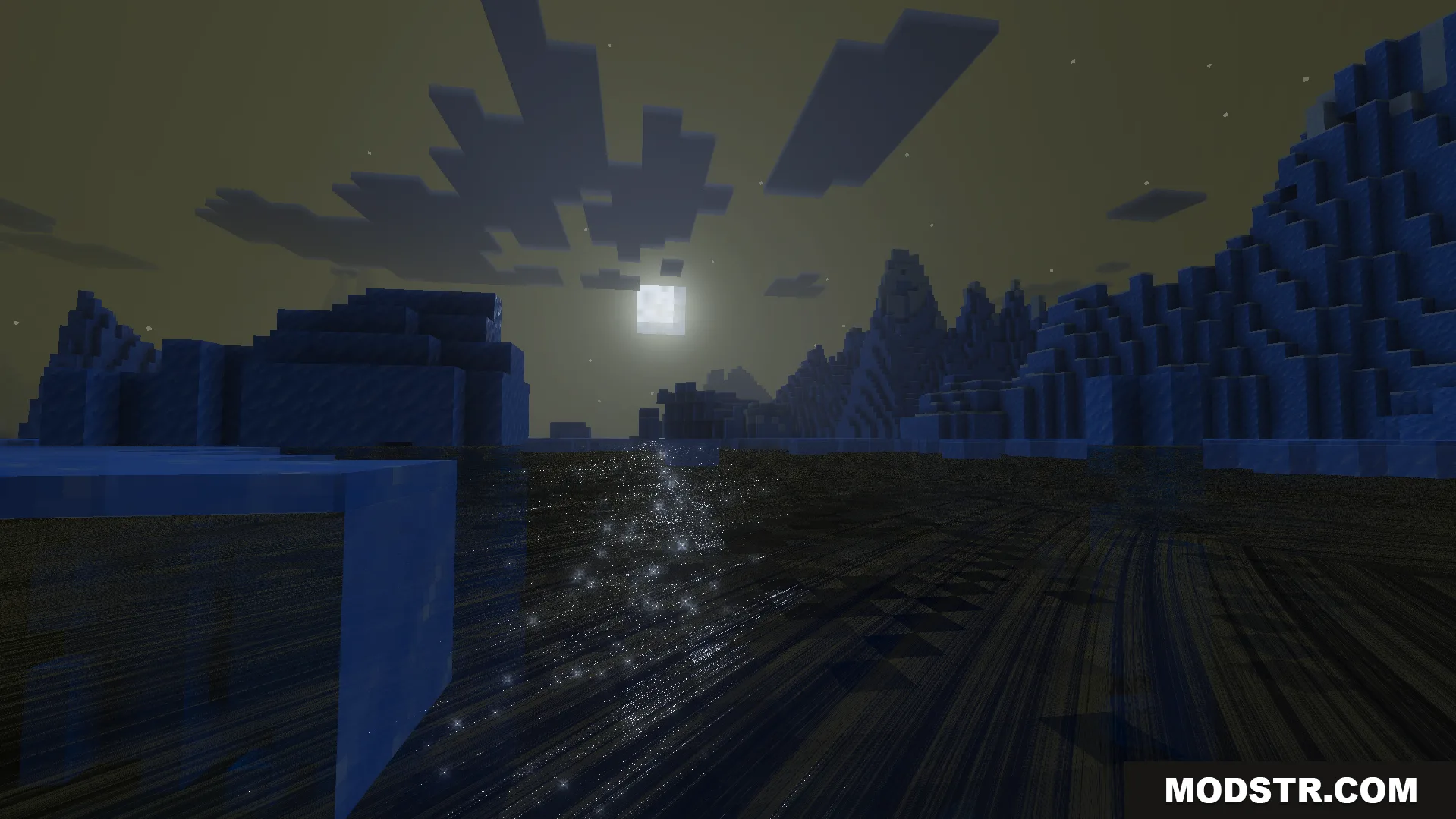 Lumina Visual Shader Screenshot 7 Bright moon shining over frozen ice spikes with realistic water reflections at night