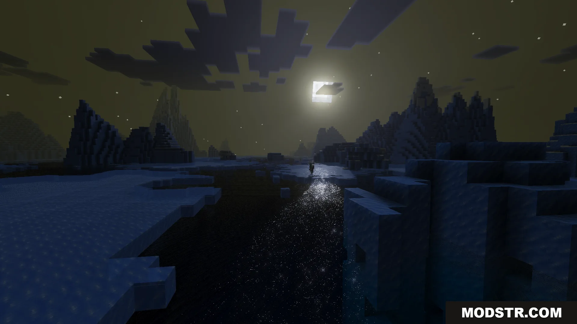 Lumina Visual Shader Screenshot 8 Player exploring a frozen landscape with realistic lighting and sparkling water at night