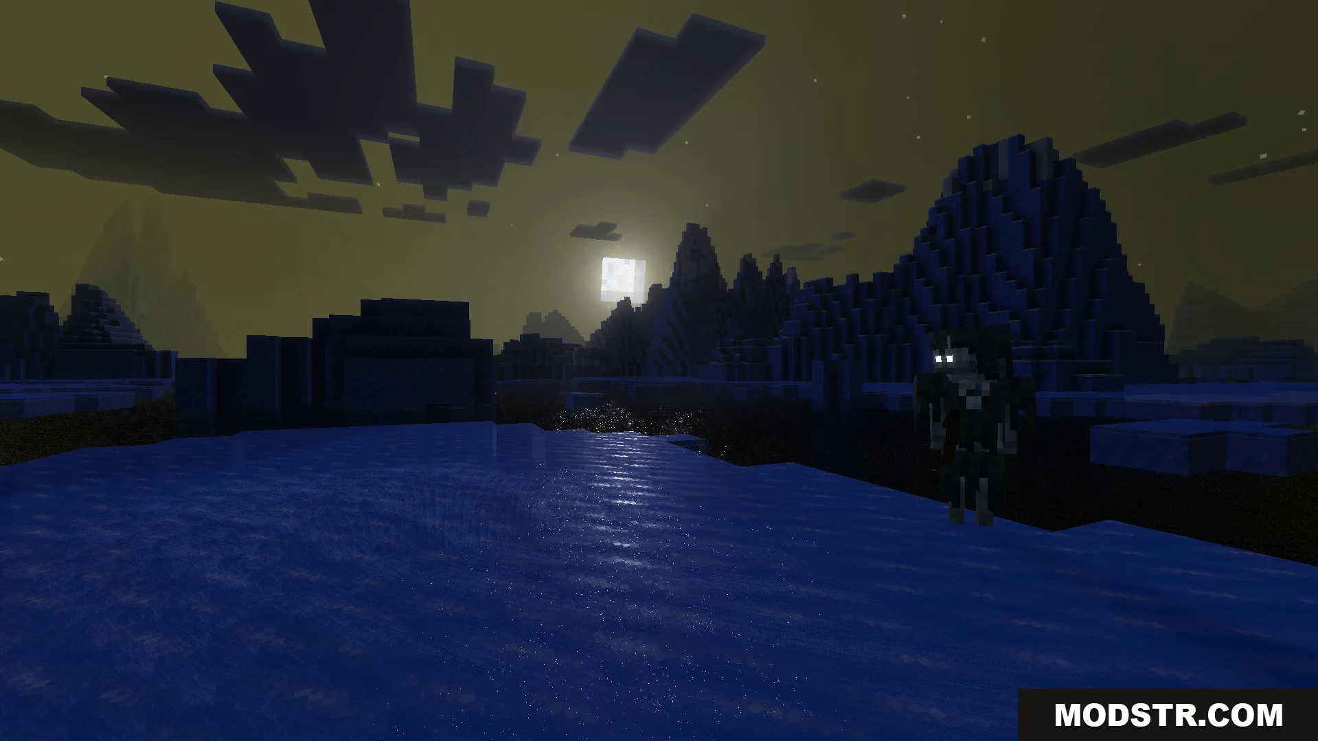 Lumina Visual Shader Screenshot 6 A mob with glowing eyes stands near clear blue water under the moon