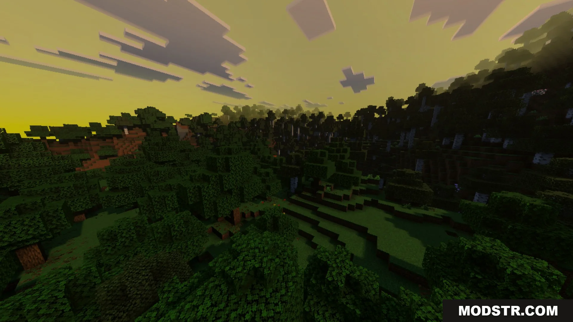 Luminous Vibrant Visual Shader Screenshot 7 A scenic view of a dense forest under a bright yellow cinematic sky