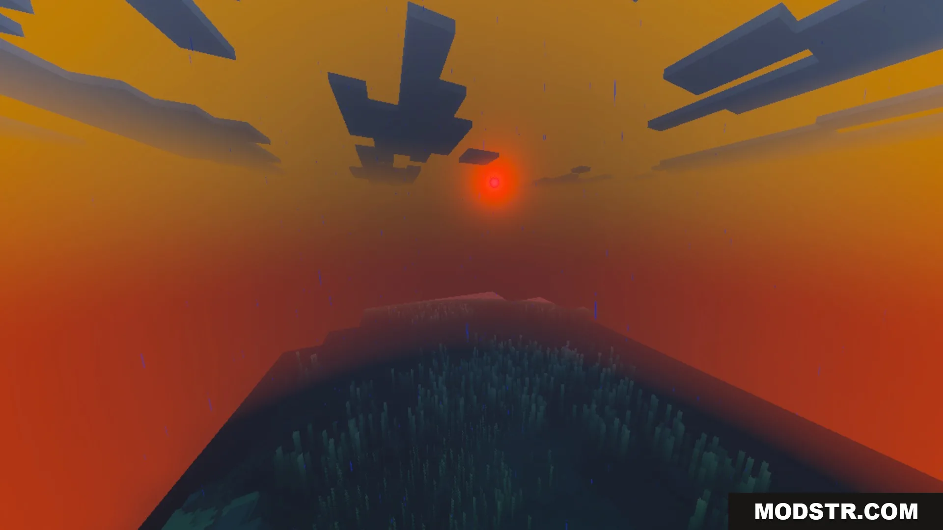 Luminous Vibrant Visual Shader Screenshot 1 A cinematic orange sunset featuring a bright red sun and blocky clouds