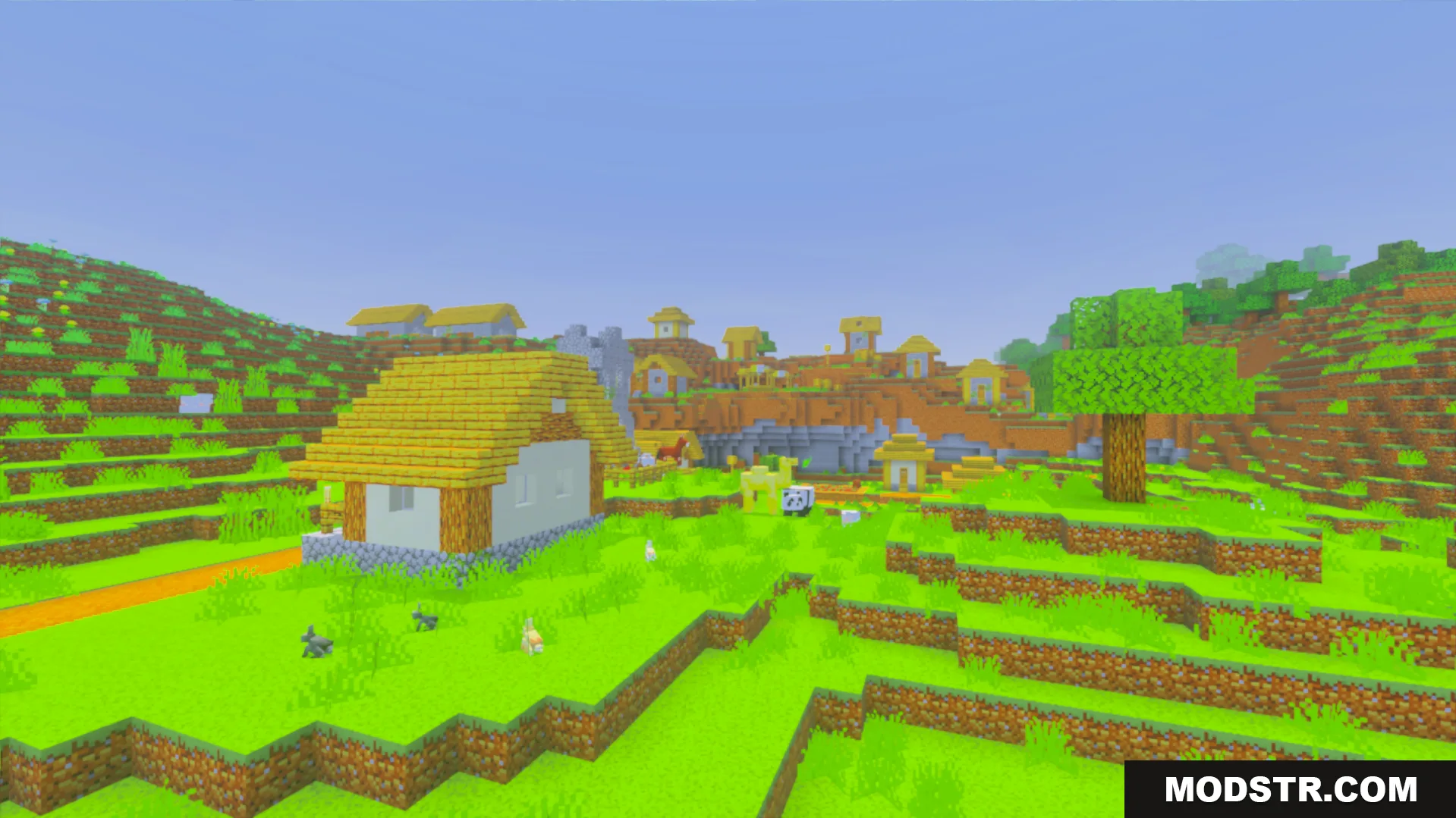 Luna Vibrant Visual Shader Screenshot 3 Village with bright green grass and houses under clear sky