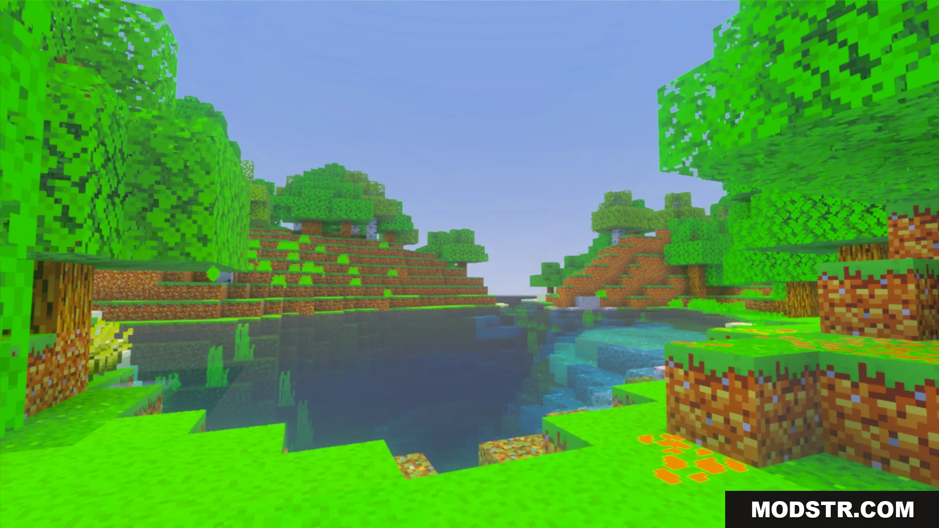 Luna Vibrant Visual Shader Screenshot 4 Lush green landscape with trees and a small pond
