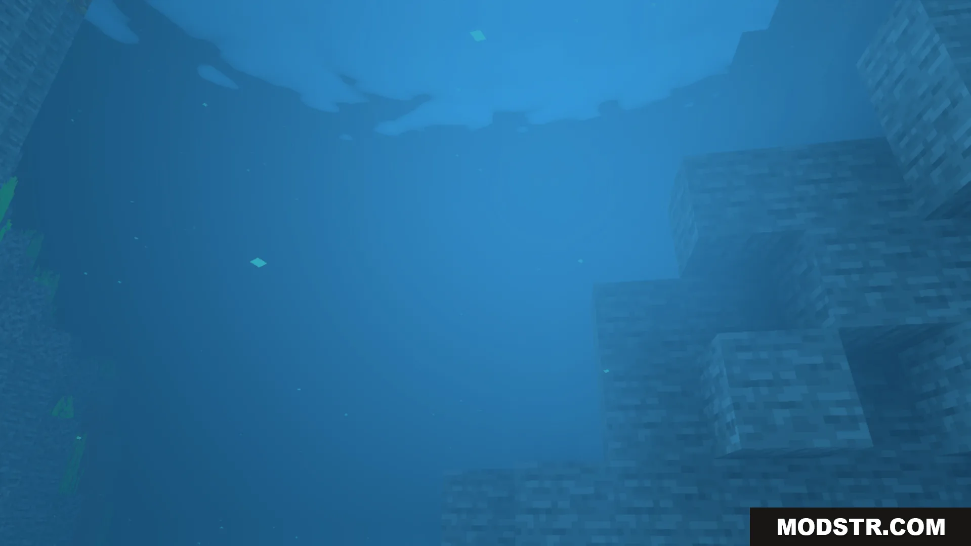 Luna Vibrant Visual Shader Screenshot 6 Underwater view showing blue water and stone blocks on the seabed