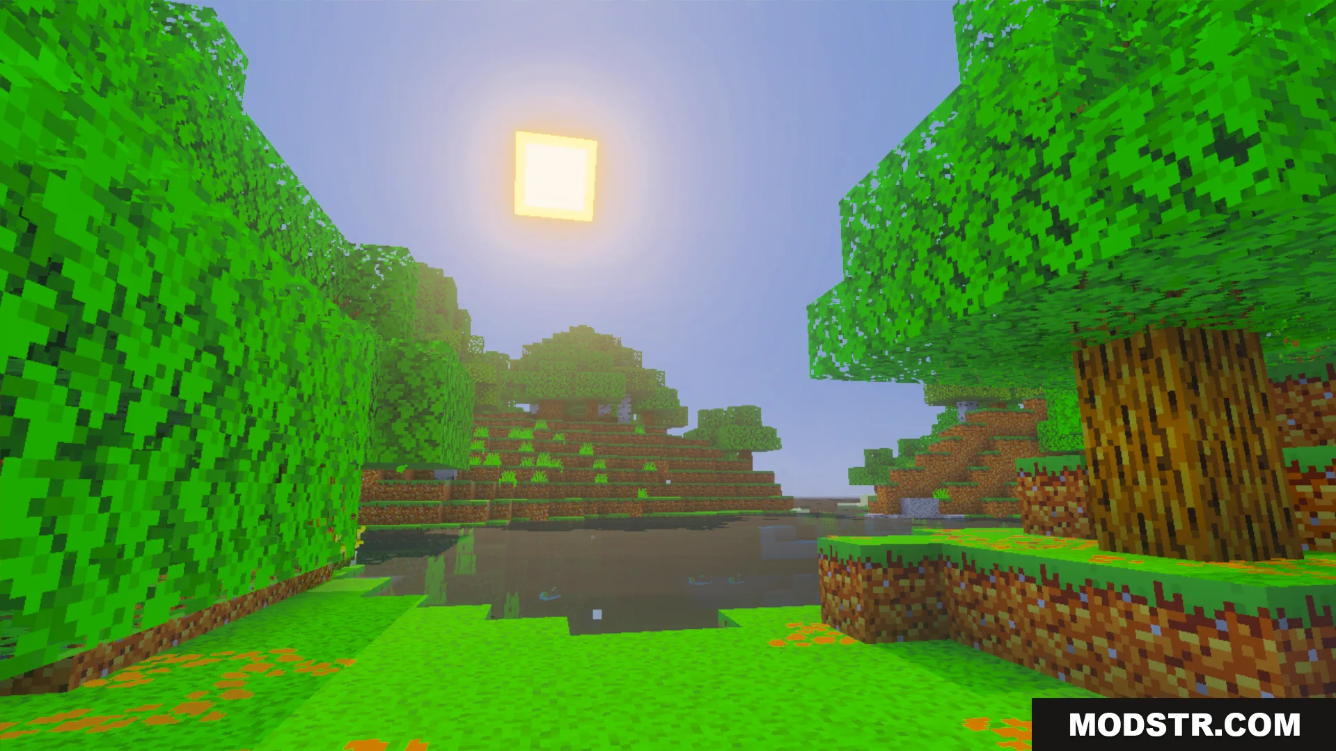 Luna Vibrant Visual Shader Screenshot 5 Bright sunny day over a lake with vibrant green grass and trees