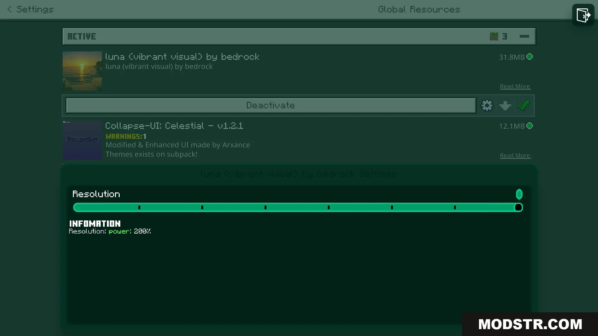 Luna Vibrant Visual Shader Screenshot 2 Adjusting resolution power to 200 percent in Luna Vibrant Visual settings